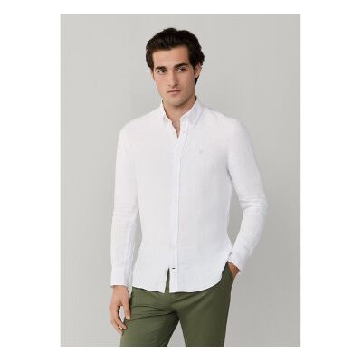 Hackett London für Herren. HM3010635 Tailliertes Hemd aus Leinen weiß (XL), Lässig, Langarm Hackett London für Herren. HM3010635 Tailliertes Hemd aus Leinen weiß (XL), Lässig, Langarm
