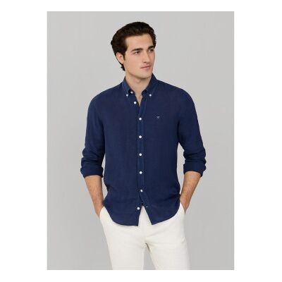 Hackett London für Herren. HM3010635 Maßgeschneidertes Hemd aus navyfarbenem Leinen (M), Lässig, Langarm, Marine Hackett London für Herren. HM3010635 Maßgeschneidertes Hemd aus navyfarbenem Leinen (M), Lässig, Langarm, Marine