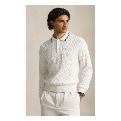 Polo Ralph Lauren für Herren. 710B17555001 Poloshirt aus weißem Zopfstrick (M), Lässig, Baumwolle, Langarm Polo Ralph Lauren für Herren. 710B17555001 Poloshirt aus weißem Zopfstrick (M), Lässig, Baumwolle, Langarm