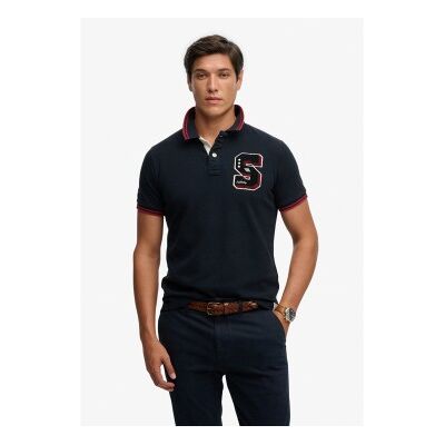 Superdry für Herren. M1110472A Vintage Athletic Patch marinefarbenes Poloshirt (L), Lässig, Baumwolle, Kurzarm Superdry für Herren. M1110472A Vintage Athletic Patch marinefarbenes Poloshirt (L), Lässig, Baumwolle, Kurzarm