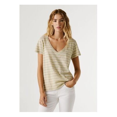 Pepe Jeans für Damen. PL5000121 Beiges T-Shirt ?Megan Striped? (S), Lässig, Baumwolle, Leinen, Kurzarm Pepe Jeans für Damen. PL5000121 Beiges T-Shirt ?Megan Striped? (S), Lässig, Baumwolle, Leinen, Kurzarm
