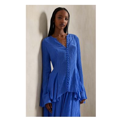 Polo Ralph Lauren für Damen. 211A96168001 Blaues, gekräuseltes Oberteil mit durchgehender Knopfleiste (48), Lässig, Langarm, Lyocell Polo Ralph Lauren für Damen. 211A96168001 Blaues, gekräuseltes Oberteil mit durchgehender Knopfleiste (48), Lässig, Langarm, Lyocell