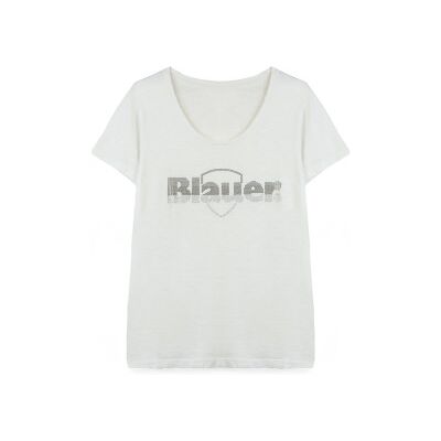 Blauer für Damen. 24SBLDH02335 Glitzer-Degradé-T-Shirt weiß (S), Lässig, Baumwolle, Kurzarm Blauer für Damen. 24SBLDH02335 Glitzer-Degradé-T-Shirt weiß (S), Lässig, Baumwolle, Kurzarm