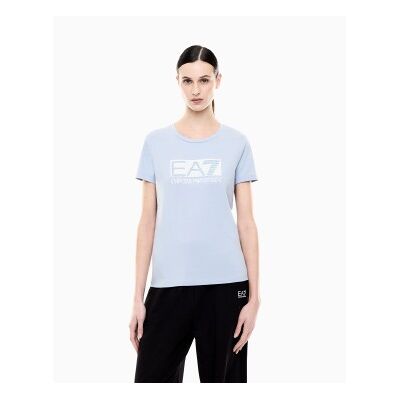 EA7 für Damen. 7W001093_AF10373 Baumwoll-Strick-T-Shirt mit blauem Logo (S), Lässig, Baumwolle, Kurzarm EA7 für Damen. 7W001093_AF10373 Baumwoll-Strick-T-Shirt mit blauem Logo (S), Lässig, Baumwolle, Kurzarm