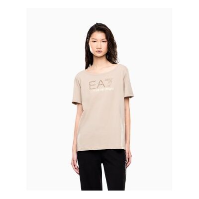 EA7 für Damen. 7W001098_AF14880 Beige Logo T-Shirt aus elastischem Baumwollstrick (M), Braun, Lässig, Grau, Baumwolle, Kurzarm EA7 für Damen. 7W001098_AF14880 Beige Logo T-Shirt aus elastischem Baumwollstrick (M), Braun, Lässig, Grau, Baumwolle, Kurzarm