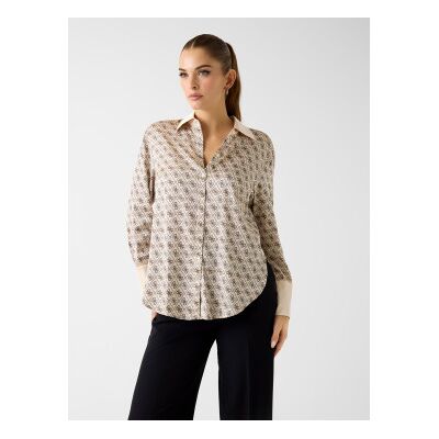 Guess für Damen. W4YH47WF1T2 Shirt mit beigem Allover-Logo (L), Lässig, Polyester, Langarm Guess für Damen. W4YH47WF1T2 Shirt mit beigem Allover-Logo (L), Lässig, Polyester, Langarm