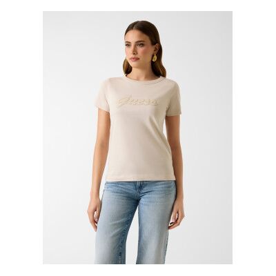 Guess für Damen. W6GI08K3023 Beigefarbenes Logo-T-Shirt mit Pailletten (S), Lässig, Baumwolle, Kurzarm Guess für Damen. W6GI08K3023 Beigefarbenes Logo-T-Shirt mit Pailletten (S), Lässig, Baumwolle, Kurzarm