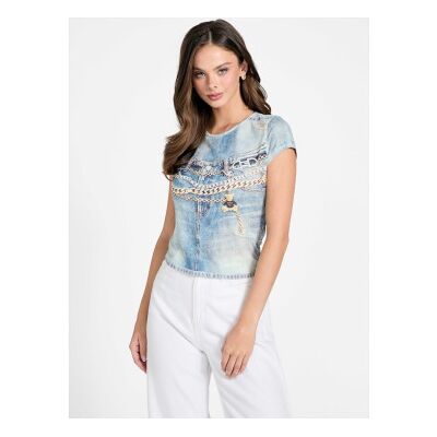 Guess für Damen. W6RI52KCCG0 Sub-Denim-T-Shirt blau (M), Lässig, Polyester, Kurzarm Guess für Damen. W6RI52KCCG0 Sub-Denim-T-Shirt blau (M), Lässig, Polyester, Kurzarm