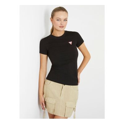 Guess für Damen. W2YI44J1314 Elastisches T-Shirt mit kleinem Dreieckslogo schwarz (M), Lässig, Baumwolle, Kurzarm Guess für Damen. W2YI44J1314 Elastisches T-Shirt mit kleinem Dreieckslogo schwarz (M), Lässig, Baumwolle, Kurzarm