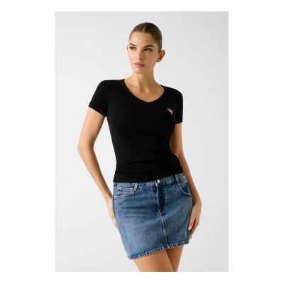 Guess für Damen. W2YI45J1314 Stretch-T-Shirt mit kleinem Dreieckslogo schwarz (M), Lässig, Baumwolle, Kurzarm Guess für Damen. W2YI45J1314 Stretch-T-Shirt mit kleinem Dreieckslogo schwarz (M), Lässig, Baumwolle, Kurzarm