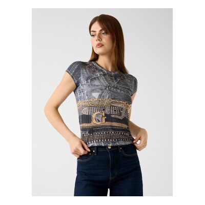 Guess für Damen. W6RI05KCCG0 Schwarzes bedrucktes T-shirt (S), Lässig, Polyester, Kurzarm Guess für Damen. W6RI05KCCG0 Schwarzes bedrucktes T-shirt (S), Lässig, Polyester, Kurzarm
