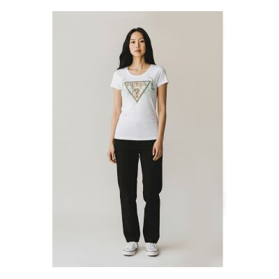 Guess für Damen. W6GI12K3027 Blumen-Dreieck-T-Shirt weiß (M), Lässig, Baumwolle, Kurzarm Guess für Damen. W6GI12K3027 Blumen-Dreieck-T-Shirt weiß (M), Lässig, Baumwolle, Kurzarm