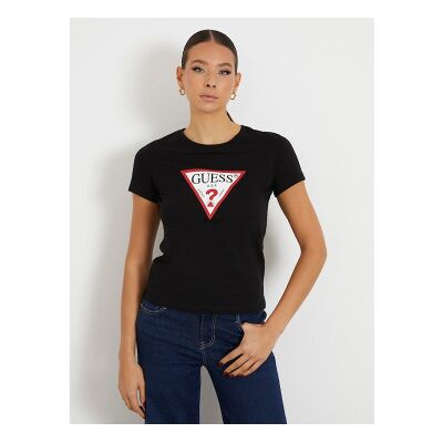 Guess für Damen. W1YI1BI3Z14 Triangel-Logo-T-Shirt schwarz (M), Lässig, Baumwolle, Kurzarm Guess für Damen. W1YI1BI3Z14 Triangel-Logo-T-Shirt schwarz (M), Lässig, Baumwolle, Kurzarm