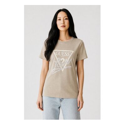 Guess für Damen. W5YI40I3Z14 Dreieck-T-Shirt mit beigen Perlen (M), Lässig, Grün, Leder, Kurzarm Guess für Damen. W5YI40I3Z14 Dreieck-T-Shirt mit beigen Perlen (M), Lässig, Grün, Leder, Kurzarm