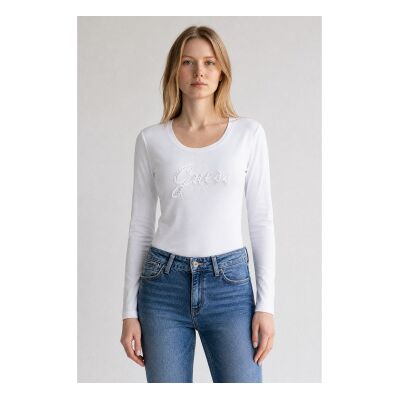 Guess für Damen. W5YI26J1314 Embro Script T-shirt weiß (S), Lässig, Polyester, Langarm Guess für Damen. W5YI26J1314 Embro Script T-shirt weiß (S), Lässig, Polyester, Langarm