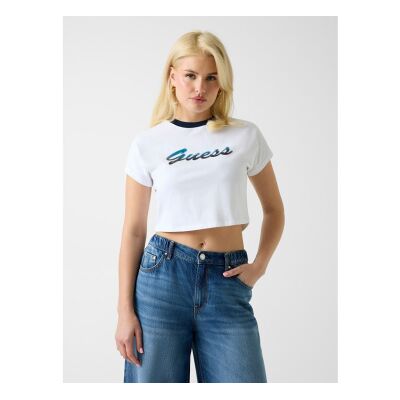 Guess für Damen. W6GI31K3224 Crop Top weißes Logo (M), Lässig, Baumwolle, Kurzarm Guess für Damen. W6GI31K3224 Crop Top weißes Logo (M), Lässig, Baumwolle, Kurzarm