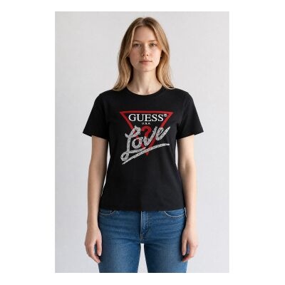 Guess für Damen. W5YI40I3Z14 Dreieck-T-Shirt mit schwarzen Perlen (S), Lässig, Polyester, Kurzarm Guess für Damen. W5YI40I3Z14 Dreieck-T-Shirt mit schwarzen Perlen (S), Lässig, Polyester, Kurzarm