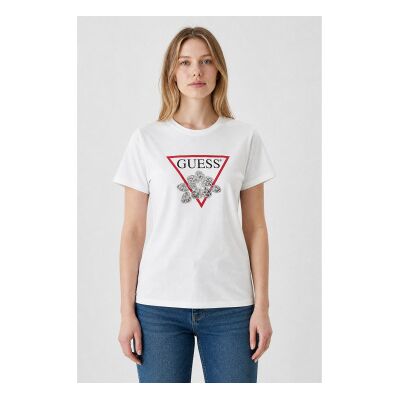 Guess für Damen. W5YI38I3Z14 T-Shirt Dreieck mit Perlen weiß (M), Lässig, Baumwolle, Kurzarm Guess für Damen. W5YI38I3Z14 T-Shirt Dreieck mit Perlen weiß (M), Lässig, Baumwolle, Kurzarm