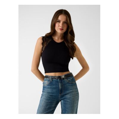 Guess für Damen. W6GZ01Z0606 Schwarzes Spitzenstrick-Top (S), Lässig, Polyamid, Ärmellos / Hosenträger Guess für Damen. W6GZ01Z0606 Schwarzes Spitzenstrick-Top (S), Lässig, Polyamid, Ärmellos / Hosenträger