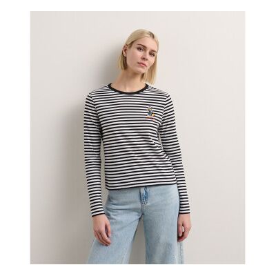Karl Lagerfeld für Damen. A3W17091 Gestreiftes Disney-T-Shirt weiß, schwarz (XS), Lässig, Langarm, Bio-Baumwolle, Nachhaltig Karl Lagerfeld für Damen. A3W17091 Gestreiftes Disney-T-Shirt weiß, schwarz (XS), Lässig, Langarm, Bio-Baumwolle, Nachhaltig