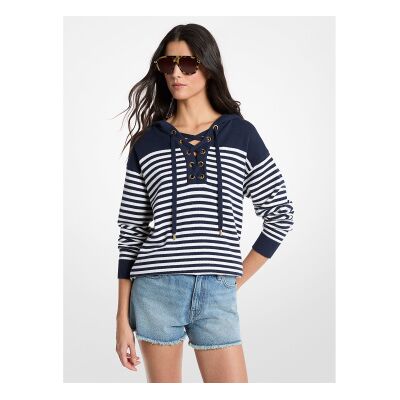 Michael Kors für Damen. MS661G2KWR Gestreiftes Wollsweatshirt mit Kapuze und blauen Kordelzügen (L), Lässig, Wolle Michael Kors für Damen. MS661G2KWR Gestreiftes Wollsweatshirt mit Kapuze und blauen Kordelzügen (L), Lässig, Wolle
