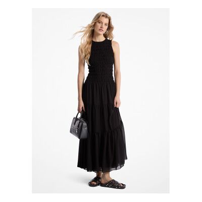 Michael Kors für Damen. MS582VF7R3 Schwarzes Kleid aus gerafftem Georgette mit Trägern (S), Lässig, Polyester, Ärmellos / Hosenträger Michael Kors für Damen. MS582VF7R3 Schwarzes Kleid aus gerafftem Georgette mit Trägern (S), Lässig, Polyester, Ärmellos / Hosenträger