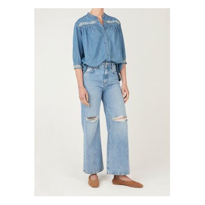 Pepe Jeans für Damen. PL3051432 Livia Besticktes Hemd aus blauem Denim (S), Lässig, Baumwolle, Langarm Pepe Jeans für Damen. PL3051432 Livia Besticktes Hemd aus blauem Denim (S), Lässig, Baumwolle, Langarm