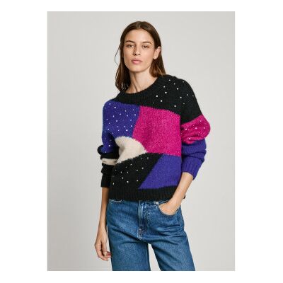 Pepe Jeans für Damen. PL702238 Nora mehrfarbiger Pullover (S), Schwarz, Lässig, Polyester Pepe Jeans für Damen. PL702238 Nora mehrfarbiger Pullover (S), Schwarz, Lässig, Polyester