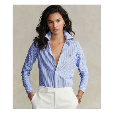 Polo Ralph Lauren für Damen. 211664416002 Oxford-Strickhemd mit blauen Streifen (L), Lässig, Baumwolle, Langarm Polo Ralph Lauren für Damen. 211664416002 Oxford-Strickhemd mit blauen Streifen (L), Lässig, Baumwolle, Langarm