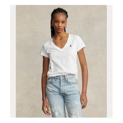 Polo Ralph Lauren für Damen. 211B14611007 Weißes T-Shirt mit V-Ausschnitt (M), Lässig, Baumwolle, Kurzarm Polo Ralph Lauren für Damen. 211B14611007 Weißes T-Shirt mit V-Ausschnitt (M), Lässig, Baumwolle, Kurzarm