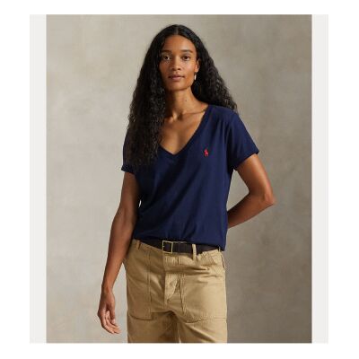 Polo Ralph Lauren für Damen. 211B14611008 Marineblaues T-Shirt mit V-Ausschnitt (M), Lässig, Baumwolle, Kurzarm Polo Ralph Lauren für Damen. 211B14611008 Marineblaues T-Shirt mit V-Ausschnitt (M), Lässig, Baumwolle, Kurzarm