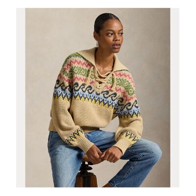 Polo Ralph Lauren für Damen. 211A96241001 Fair Isle Lace-Up Pullover beige (M), Lässig, Baumwolle Polo Ralph Lauren für Damen. 211A96241001 Fair Isle Lace-Up Pullover beige (M), Lässig, Baumwolle