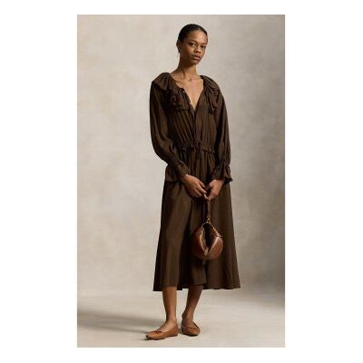 Polo Ralph Lauren für Damen. 211A96366001 Braunes Kleid aus gerafftem Crêpe mit Volants (36), Lässig, Viskose, Langarm Polo Ralph Lauren für Damen. 211A96366001 Braunes Kleid aus gerafftem Crêpe mit Volants (36), Lässig, Viskose, Langarm