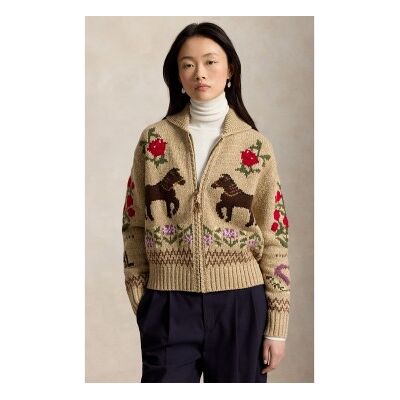 Polo Ralph Lauren für Damen. 211B17748001 Cardigan aus Baumwolle und Wolle in beigefarbenem Intarsienmuster (M), Lässig Polo Ralph Lauren für Damen. 211B17748001 Cardigan aus Baumwolle und Wolle in beigefarbenem Intarsienmuster (M), Lässig