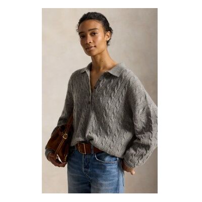 Polo Ralph Lauren für Damen. 211B17767005 Jersey Henley in Zopfmuster grau (XL), Lässig, Wolle, Langarm Polo Ralph Lauren für Damen. 211B17767005 Jersey Henley in Zopfmuster grau (XL), Lässig, Wolle, Langarm