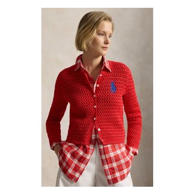 Polo Ralph Lauren für Damen. 211A12705002 Rote Häkelstrickjacke (M), Lässig Polo Ralph Lauren für Damen. 211A12705002 Rote Häkelstrickjacke (M), Lässig