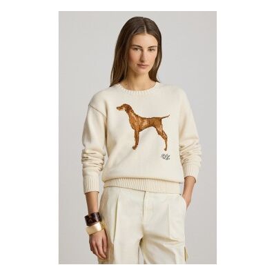 Lauren Ralph Lauren für Damen. 200P14120001 Pullover aus Baumwolle mit cremeweißem Intarsienhund (M), Lässig Lauren Ralph Lauren für Damen. 200P14120001 Pullover aus Baumwolle mit cremeweißem Intarsienhund (M), Lässig