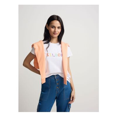 Silbon für Damen. S262040401192 Weißes T-Shirt mit Kritzeleien (S), Lässig, Baumwolle, Kurzarm Silbon für Damen. S262040401192 Weißes T-Shirt mit Kritzeleien (S), Lässig, Baumwolle, Kurzarm