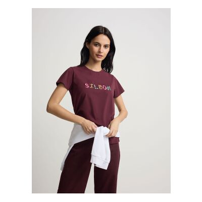Silbon für Damen. S262040410191 Fliederfarbenes T-Shirt mit Kritzeleien (L), Lässig, Baumwolle, Kurzarm Silbon für Damen. S262040410191 Fliederfarbenes T-Shirt mit Kritzeleien (L), Lässig, Baumwolle, Kurzarm