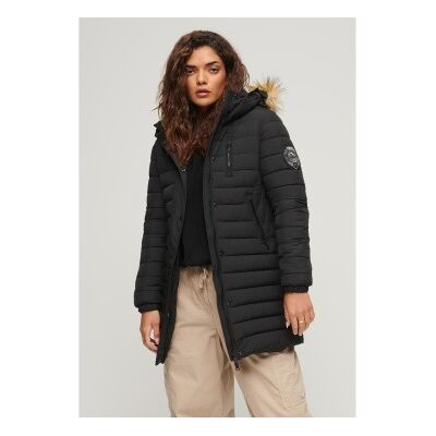 Superdry für Damen. W5011564A Fuji mittellanger Steppmantel mit Kapuze schwarz (S), Lässig, Polyester, Langarm Superdry für Damen. W5011564A Fuji mittellanger Steppmantel mit Kapuze schwarz (S), Lässig, Polyester, Langarm