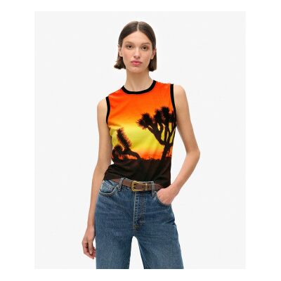 Superdry für Damen. W6011959A Tanktop mit orangefarbenem Unterdruck, schwarz (M), Lässig, Baumwolle, Ärmellos / Hosenträger Superdry für Damen. W6011959A Tanktop mit orangefarbenem Unterdruck, schwarz (M), Lässig, Baumwolle, Ärmellos / Hosenträger