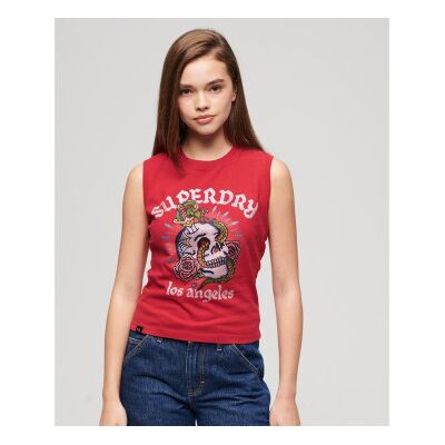 Superdry für Damen. W6011781A Ärmelloses T-shirt mit Strass Tattoo rot (M), Lässig, Baumwolle, Ärmellos / Hosenträger Superdry für Damen. W6011781A Ärmelloses T-shirt mit Strass Tattoo rot (M), Lässig, Baumwolle, Ärmellos / Hosenträger