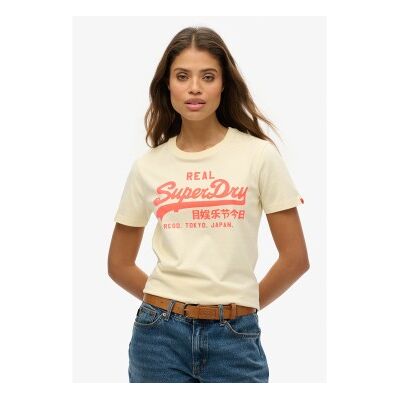 Superdry für Damen. W1011630A T-Shirt fluorin mit beigem Vintage-Logo (XL), Lässig, Baumwolle, Kurzarm Superdry für Damen. W1011630A T-Shirt fluorin mit beigem Vintage-Logo (XL), Lässig, Baumwolle, Kurzarm