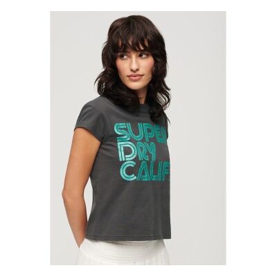Superdry für Damen. W1011411A Retro Glitzer Logo T-Shirt schwarz (XS), Lässig, Baumwolle, Kurzarm Superdry für Damen. W1011411A Retro Glitzer Logo T-Shirt schwarz (XS), Lässig, Baumwolle, Kurzarm