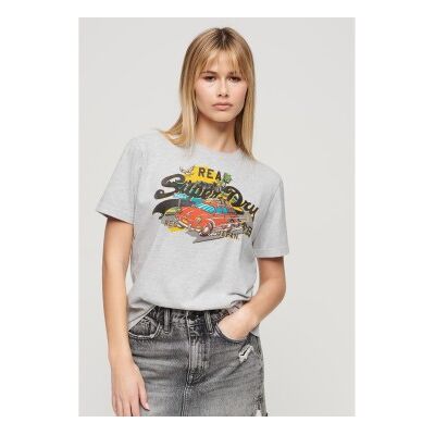 Superdry für Damen. W1011401A T-Shirt in lockerer Passform mit grauer LA-Grafik (XS), Lässig, Kurzarm, Nachhaltig, Recycelte Baumwolle Superdry für Damen. W1011401A T-Shirt in lockerer Passform mit grauer LA-Grafik (XS), Lässig, Kurzarm, Nachhaltig, Recycelte Baumwolle