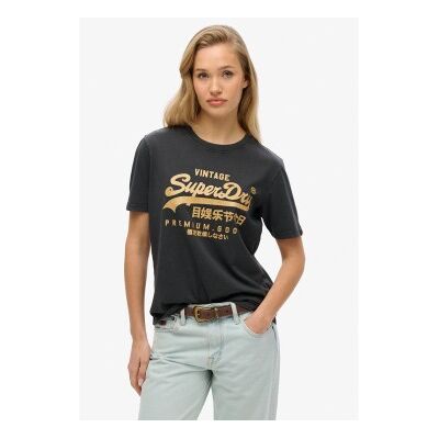 Superdry für Damen. W1011631A T-Shirt in lockerer Passform mit metallisiertem Logo Vintage schwarz (XS), Lässig, Baumwolle, Kurzarm Superdry für Damen. W1011631A T-Shirt in lockerer Passform mit metallisiertem Logo Vintage schwarz (XS), Lässig, Baumwolle, Kurzarm