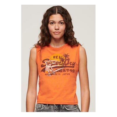 Superdry für Damen. W6011884A Tailliertes T-Shirt mit orangefarbenem LA Vintage-Logo (S), Lässig, Baumwolle, Ärmellos / Hosenträger Superdry für Damen. W6011884A Tailliertes T-Shirt mit orangefarbenem LA Vintage-Logo (S), Lässig, Baumwolle, Ärmellos / Hosenträger