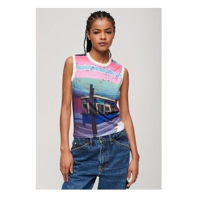 Superdry für Damen. W6011959A Tank-Top mit weißem Unterdruck (S), Lässig, Baumwolle, Ärmellos / Hosenträger Superdry für Damen. W6011959A Tank-Top mit weißem Unterdruck (S), Lässig, Baumwolle, Ärmellos / Hosenträger