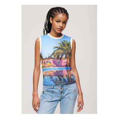 Superdry für Damen. W6011959A Tank-Top mit weißem Unterdruck (S), Lässig, Baumwolle, Ärmellos / Hosenträger Superdry für Damen. W6011959A Tank-Top mit weißem Unterdruck (S), Lässig, Baumwolle, Ärmellos / Hosenträger