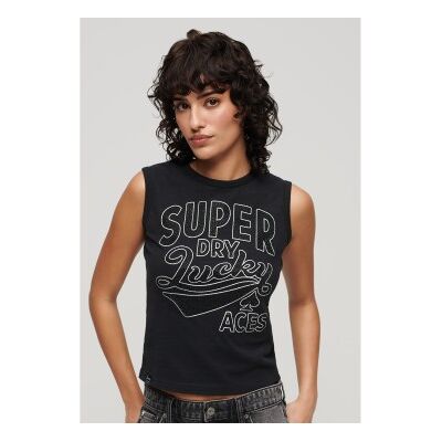 Superdry für Damen. W6011898A T-Shirt mit schwarzen Retro-Besätzen (M), Lässig, Baumwolle, Ärmellos / Hosenträger Superdry für Damen. W6011898A T-Shirt mit schwarzen Retro-Besätzen (M), Lässig, Baumwolle, Ärmellos / Hosenträger